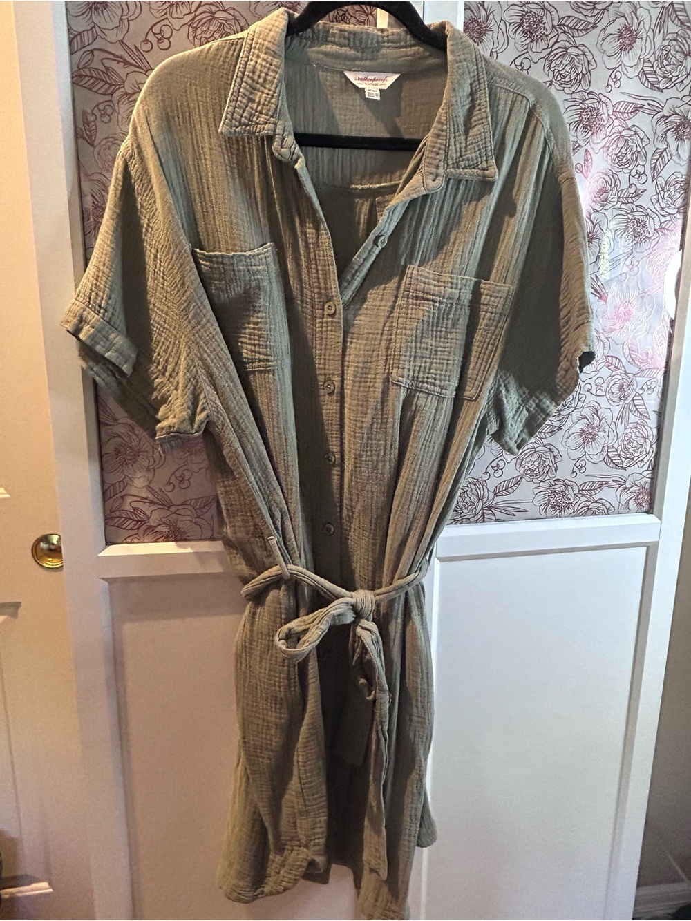 Weatherproof Olive Green Cotton Button-Front Midi Dress with Tie Waist